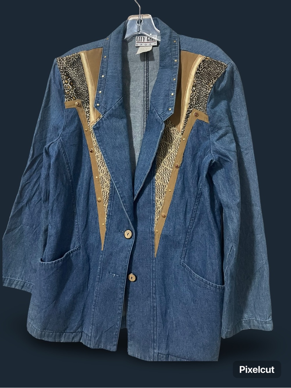 City Girl Blue Denim Jacket with Tan Panels & Leopard Accents